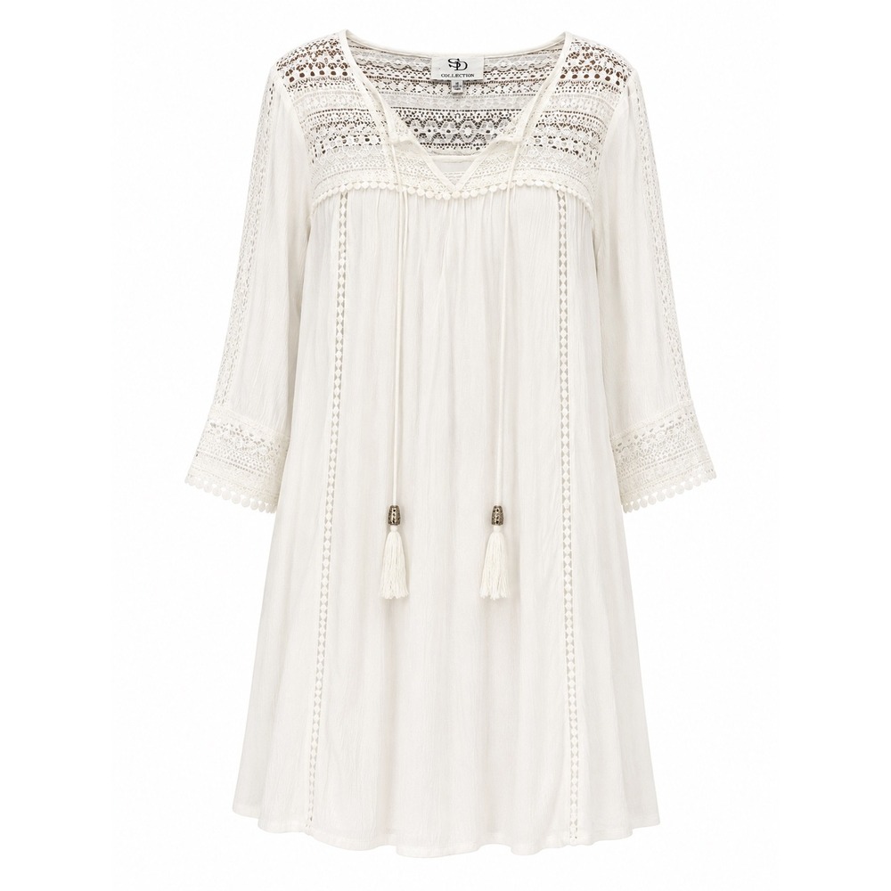 SD Collection Dress Womens 16 Ivory Crochet Lace Boho Tassel Flowy Cottagecore